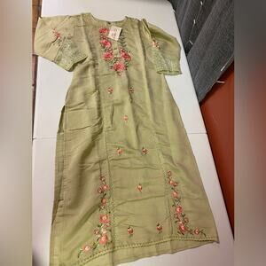 Chic Boutique Light Sage Muslin Embroidered Kurti  Top Medium